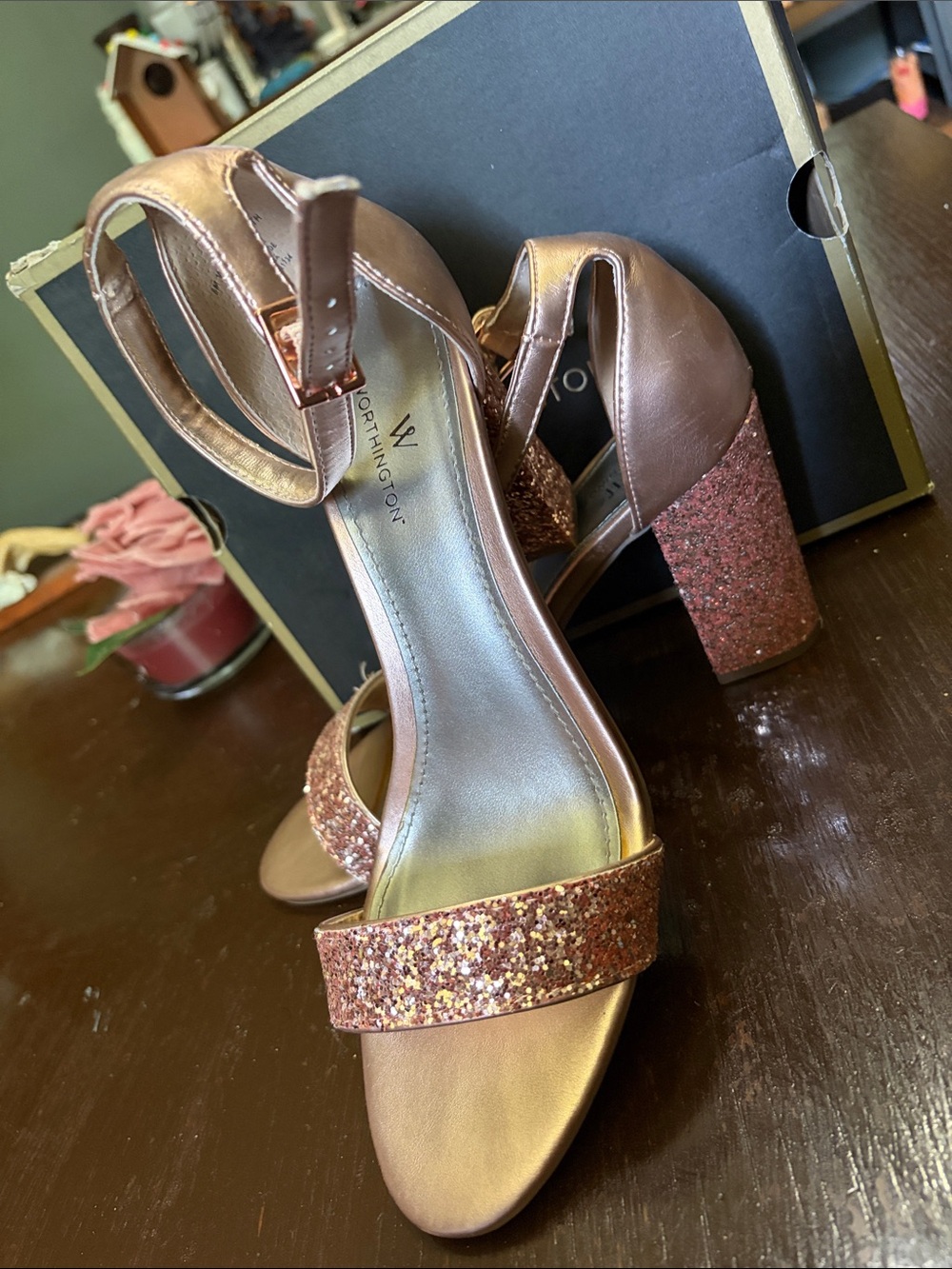 Rose Gold Glitter Block Heel Sandals - Picture 3 of 6